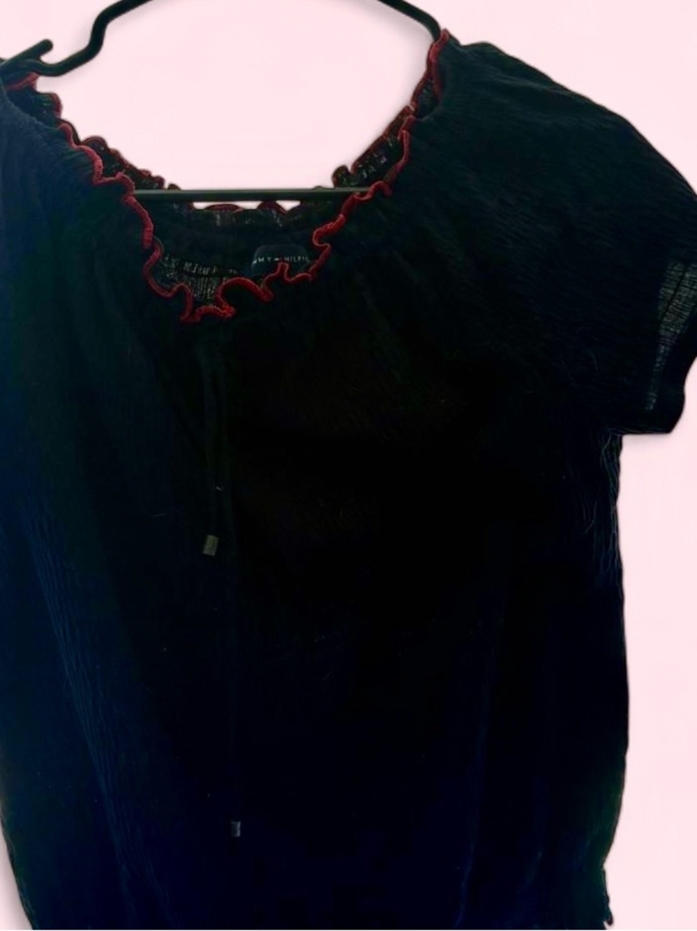 Tommy Hilfiger Navy Blue Crinkle Peasant Blouse Size Medium Boho Y2K